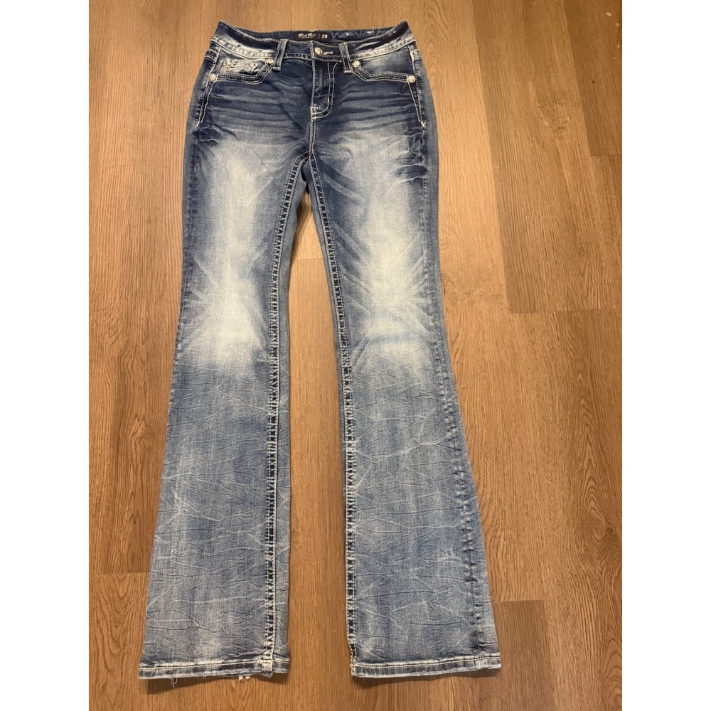 Miss Me Mid Rise Bootcut Jeans Blue Distressed Sequin Pockets Size 28